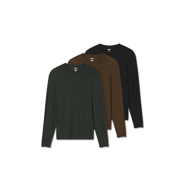 Men's Merino Wool Blend Crew Neck Long Sleeve T-Shirt 3-Pack